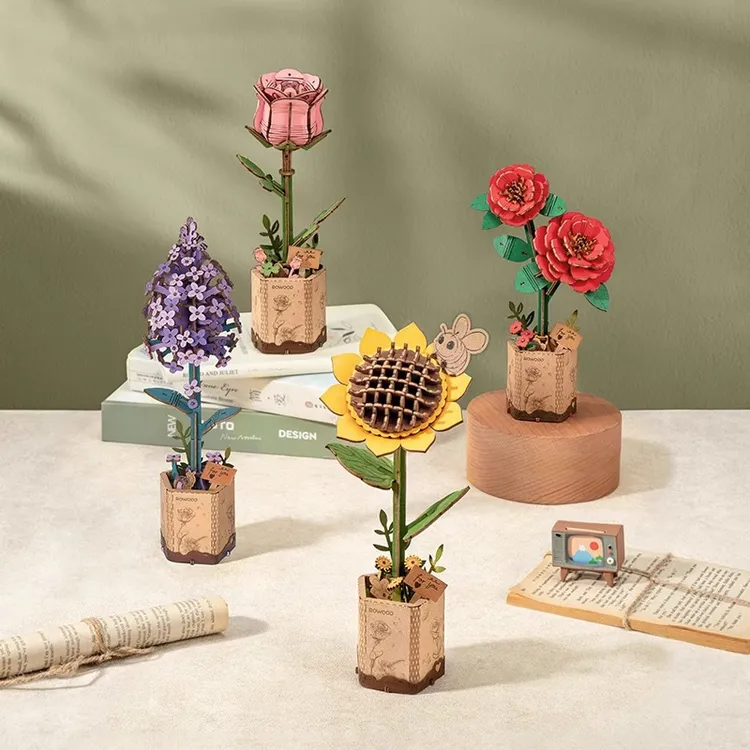 若客木艺繁花木质diy手工拼装模型玫瑰花积木玩具送女生节日礼物