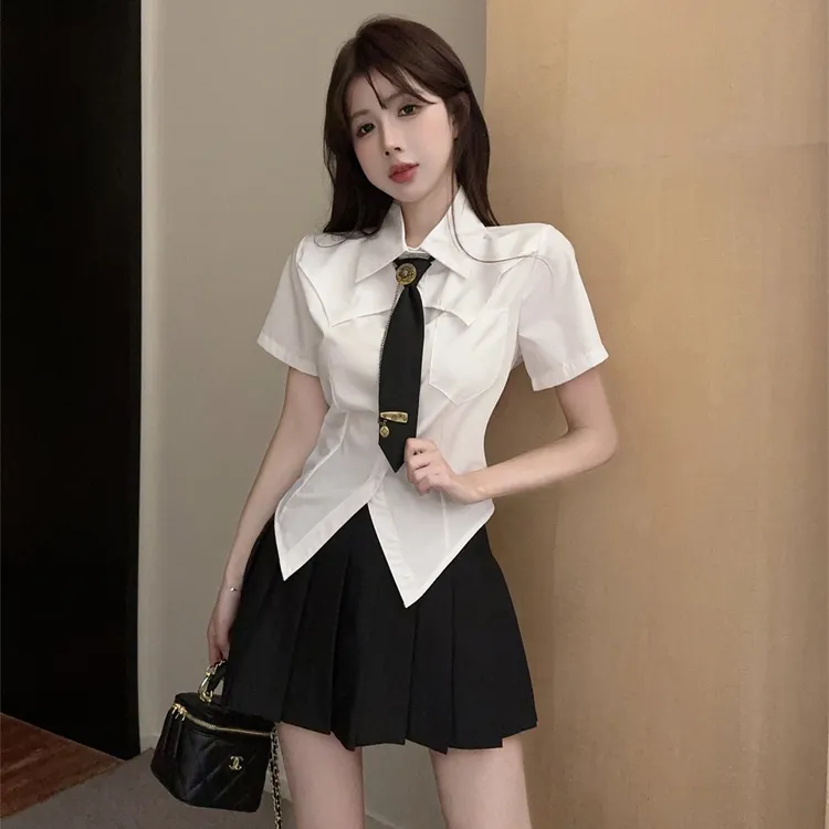 夏季学院风套装女甜辣减龄短袖收腰衬衫高腰穿搭半身裙两件套女