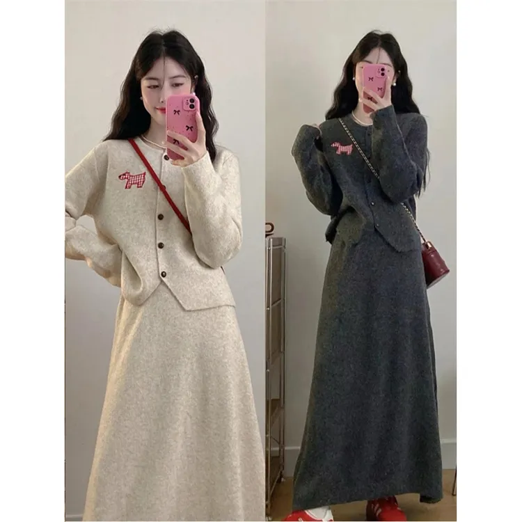 2024新款慵懒风时尚中国软糯针织毛衣开衫搭配显瘦半身裙两件套