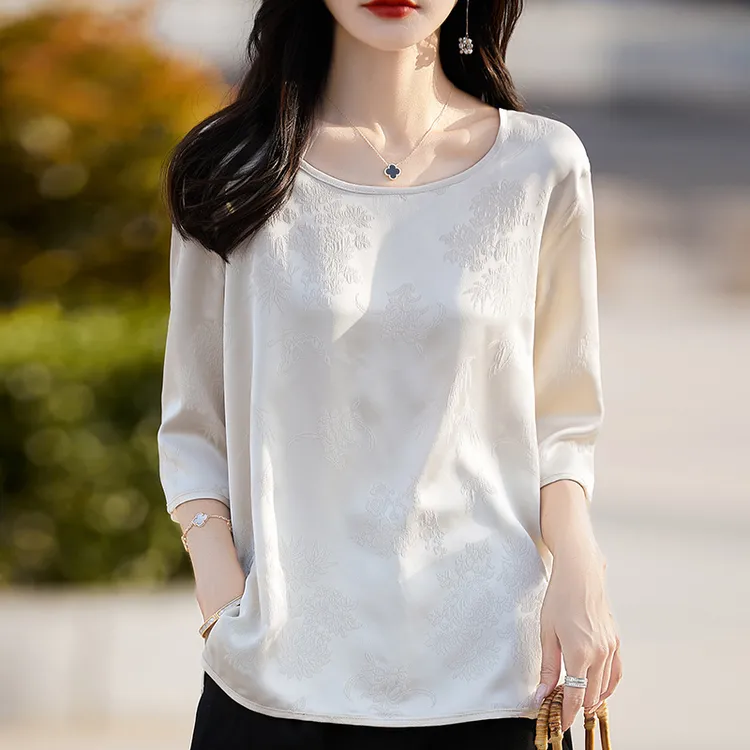 新中式新款夏醋酸仿真丝国风圆领上衣提花气质显瘦宽松七分袖女式