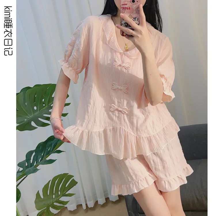 《蔷薇花语》三件套(胸垫版）夏轻薄透气款梭织提花泡泡棉纱睡衣女