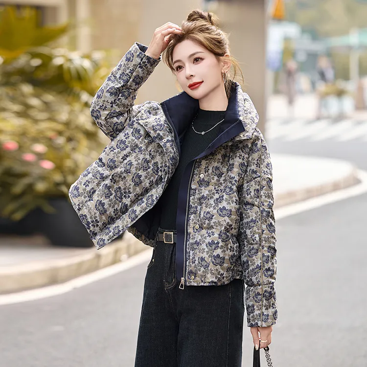 法式复古碎花短款羽绒服女2024冬装新款设计感宽松加厚面包服外套