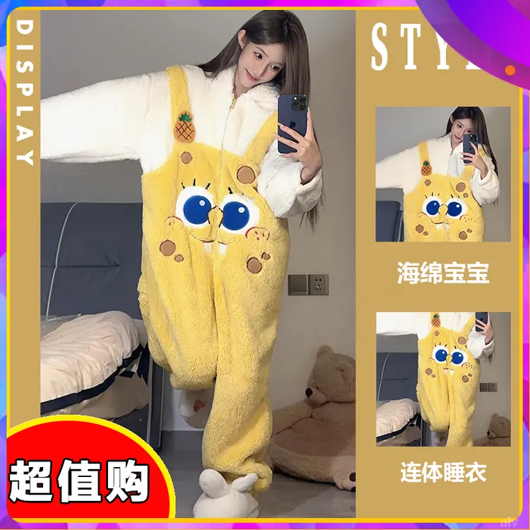 男女家居服加绒加厚长情侣卡通可爱珊瑚绒海绵宝宝连体睡衣秋冬款