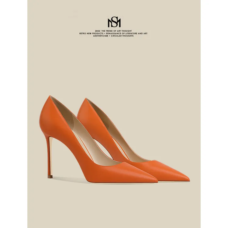 米诗拉【经典系列】橘橙色高跟鞋女2024新款尖头细跟时尚百搭女单鞋