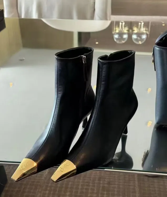 2025秋冬新款金属方头黑色高跟优雅细跟短靴侧拉链马丁靴女气质