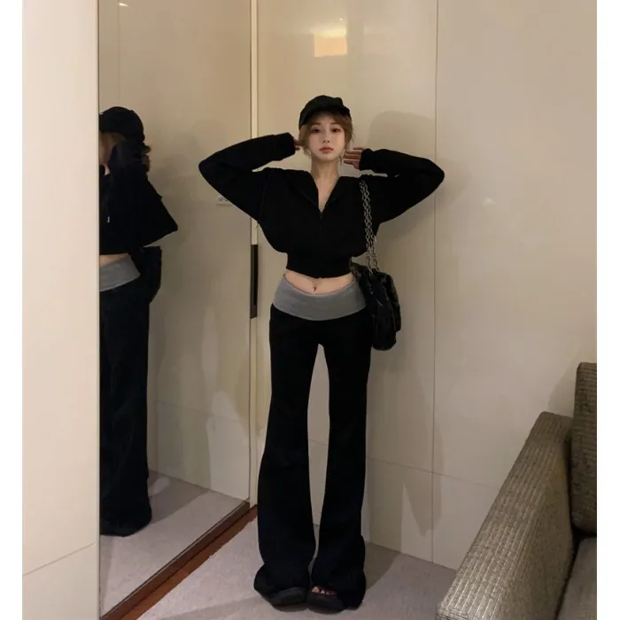 美式套装女春季连帽拉链长袖卫衣外套加绒加厚撞色喇叭拖地长裤子