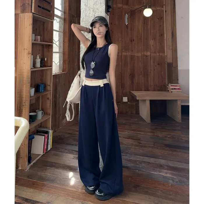 修身撞色辣妹无袖背心上衣女夏季休闲套装高腰西装裤阔腿裤两件套