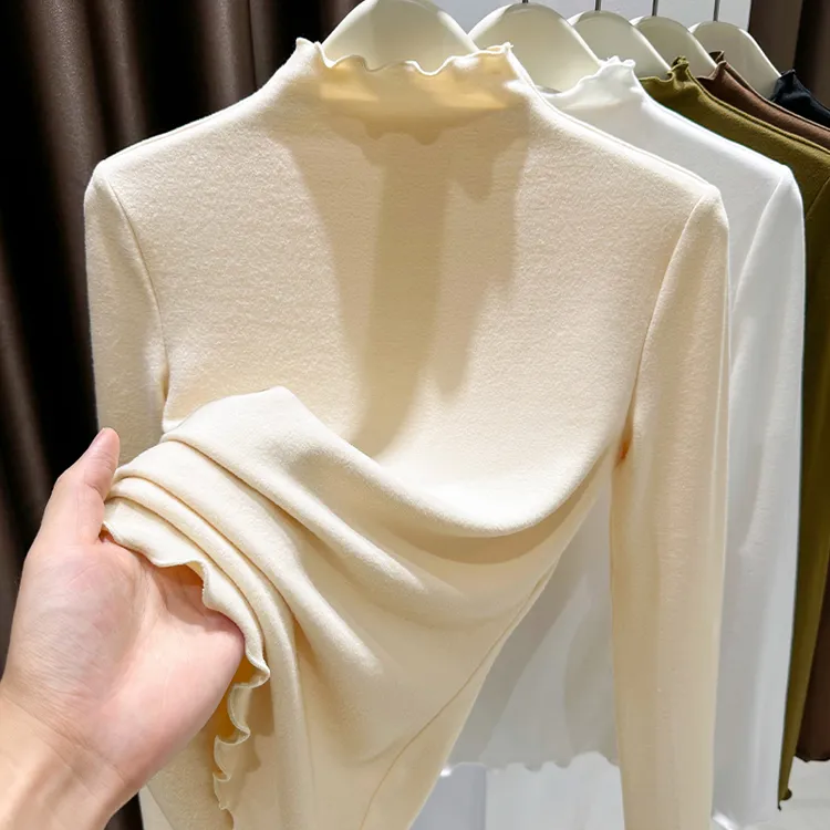 德绒打底衫女爆款2025新款秋冬木耳边半高领长袖修身澳绒内搭上衣