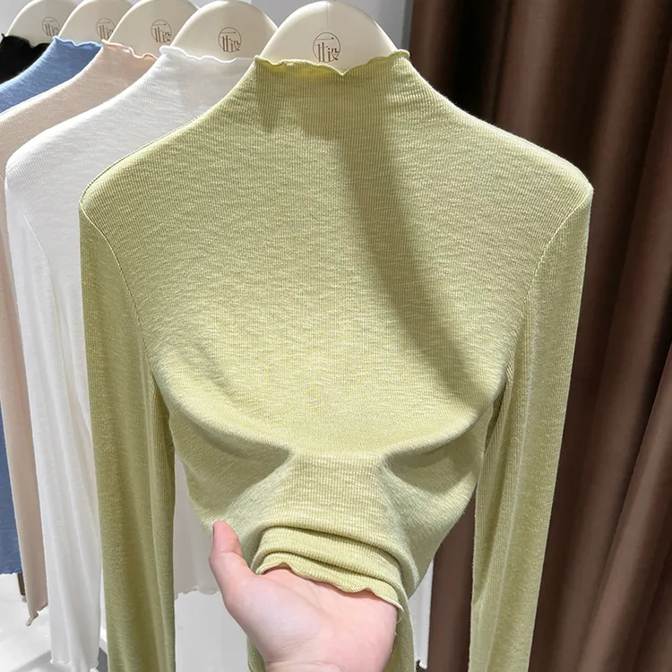 黄绿色针织薄款打底衫女2025秋季软糯木耳边长袖内搭半高领小衫
