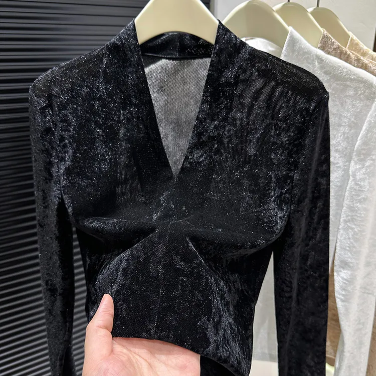 高级感小众修身V领长袖秋季内搭打底衫女黑色网纱钻石毛上衣T恤薄