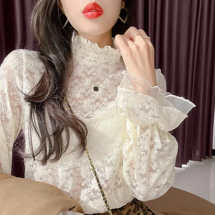 半高领蕾丝长袖打底衫女2025秋季网纱性感透视喇叭袖内搭高档上衣