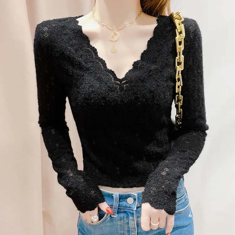 蕾丝v领打底衫女款秋季2025新款内搭加绒加厚修身镂空网纱上衣女