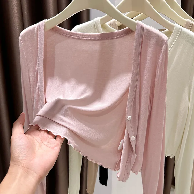 粉色小开衫女爆款2025新款配吊带裙外搭薄款长袖短款防晒披肩外套