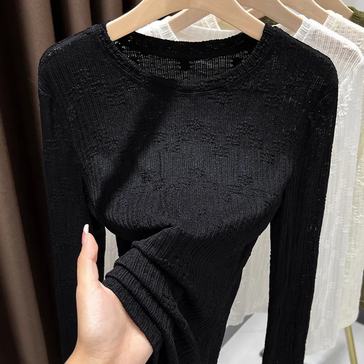 气质黑色圆领内搭长袖蕾丝上衣时尚设计薄纱微透提花T恤打底小衫