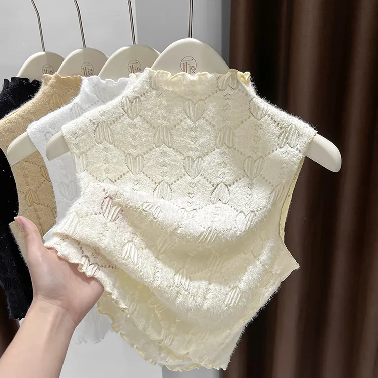 杏色半高领蕾丝打底衫女爆款2025新款秋冬无袖背心修身百搭假领子