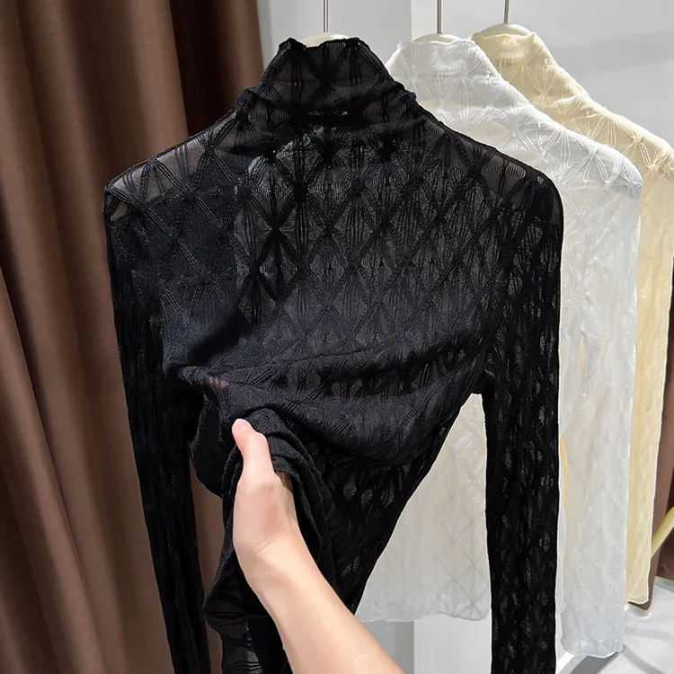 黑色木耳高领长袖修身网纱T恤打底衫女秋冬新款内搭蕾丝衫上衣薄