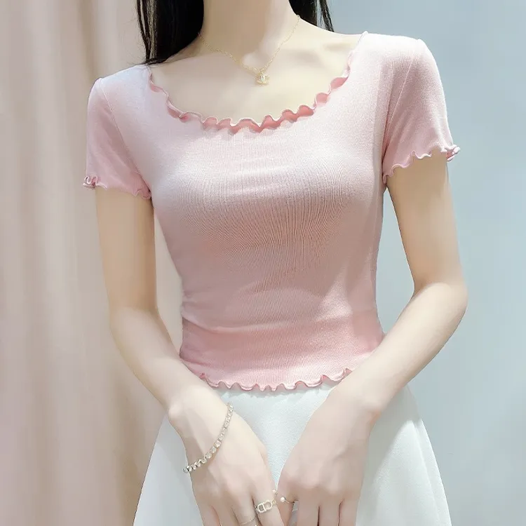 白色木耳边大领口短袖t恤女夏季正肩低领修身打底衫洋气短款上衣