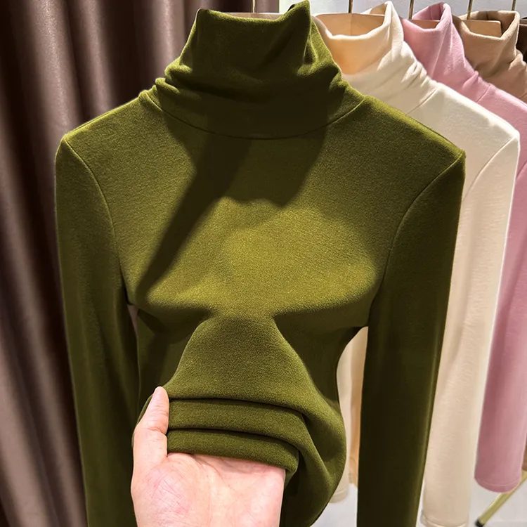 秋冬季内搭绿色长袖堆堆领加厚保暖上衣女时尚双面德绒打底衫小衫