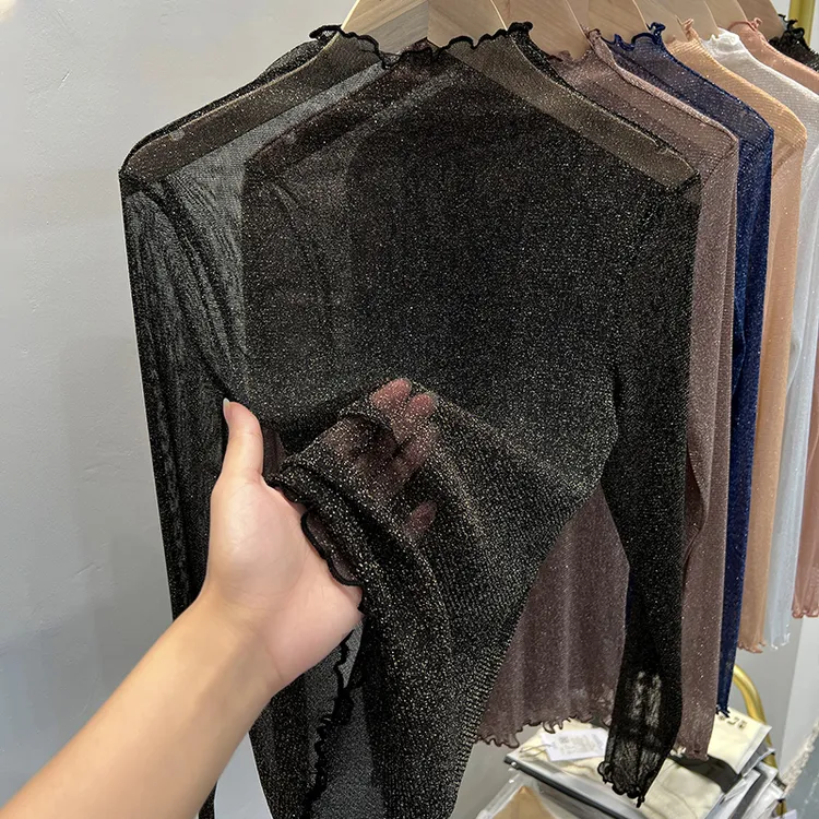 黑色网纱半高领打底衫女爆款2025新款秋季木耳边蕾丝高档内搭上衣
