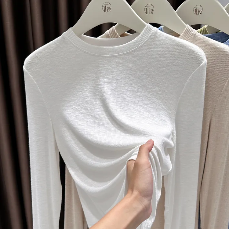白色竹节棉针织打底衫女2025新款长袖T恤薄款秋季小圆领上衣内搭
