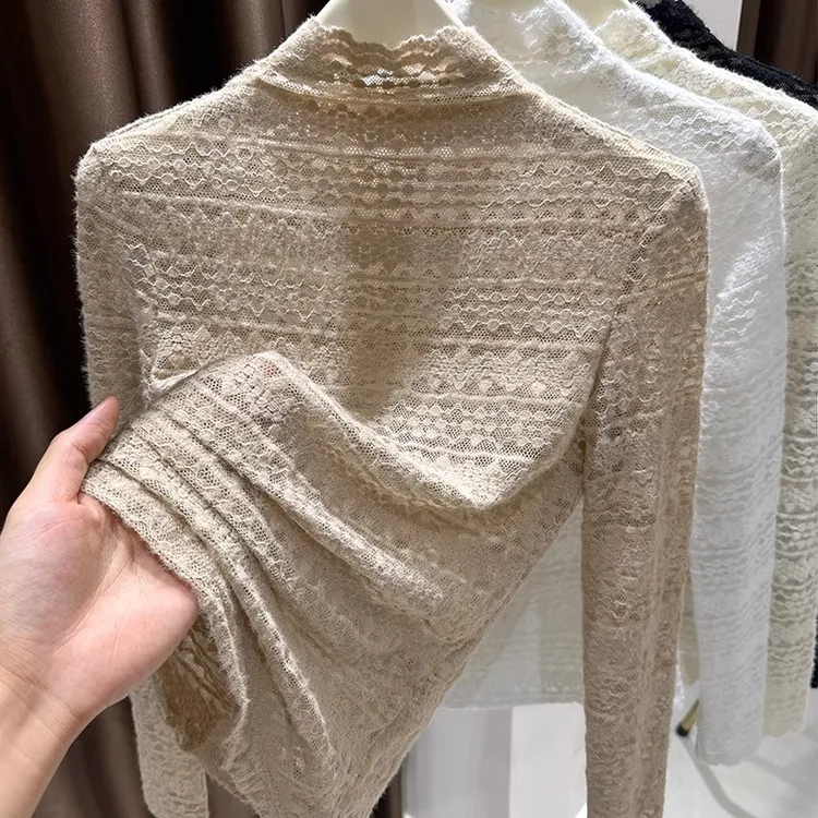 蕾丝打底衫女爆款2025新款秋季长袖半高领高级感洋气网纱内搭上衣