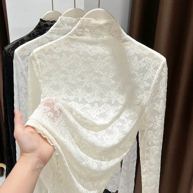杏色半高领木耳边网纱打底衫女爆款2025新款春季蕾丝提花长袖上衣