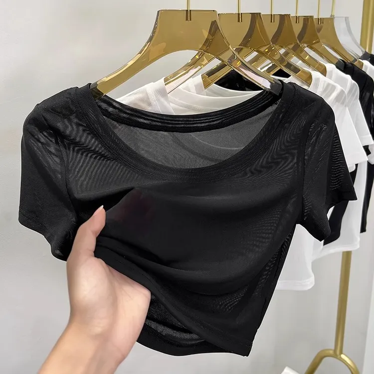 吊带裙内搭薄纱透明打底衫爆款2025新款夏季短袖T恤短款网纱上衣