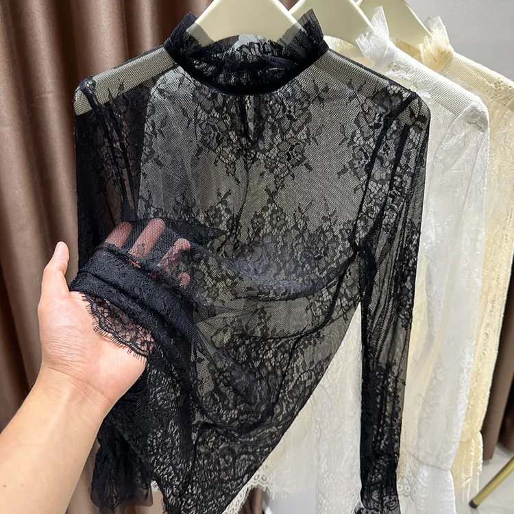 2025秋季黑色长袖T恤百搭荷叶花边半高领蕾丝透视网纱打底衫上衣