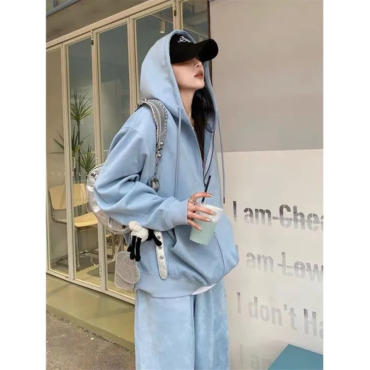 2024秋冬加绒新款休闲运动套装女韩版连帽外套+阔腿宽松显瘦套装
