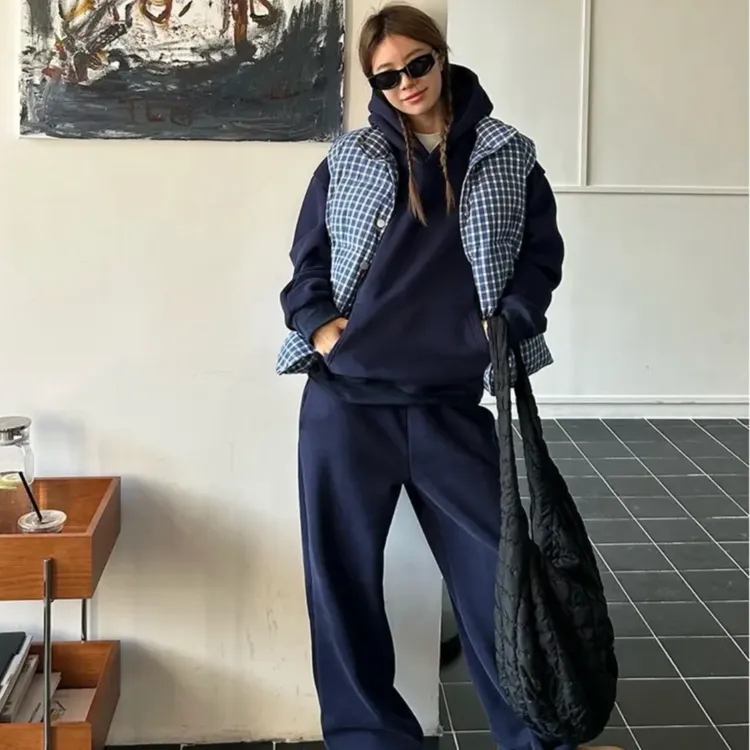 2024新款秋冬搭配一整套深蓝色休闲连帽卫衣长裤运动两件套装女