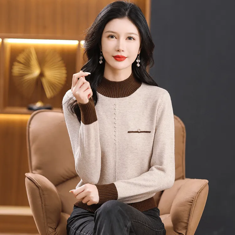 时尚洋气钉珠秋冬新款内搭羊毛衫套头显瘦宽松半高领针织衫上衣女