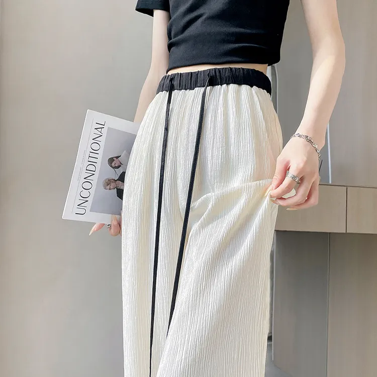 冰丝阔腿裤女春夏薄款松紧腰拼接撞色肌理感高腰垂感宽松休闲长裤