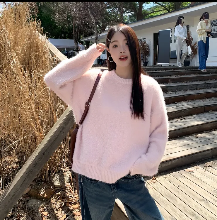 粉色宽松针织衫套头毛衣女秋冬季奶乖慵懒风软糯可爱内搭圆领上衣
