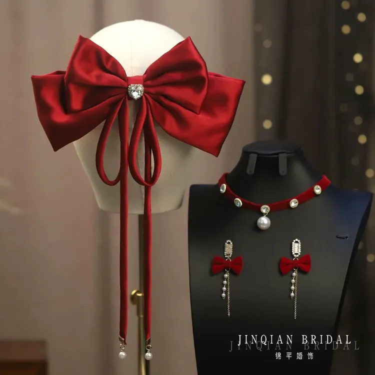 仙气新娘头饰高级简约红色蝴蝶结发夹减龄百搭结婚纱敬酒服配饰品