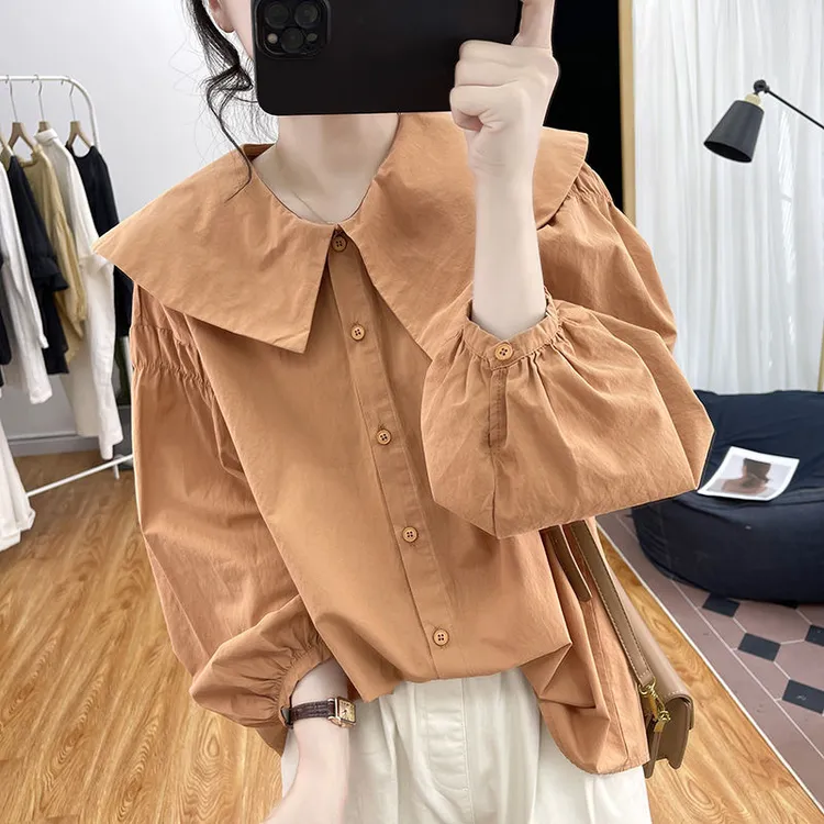 【爆品】不规则娃娃领纯棉长袖衬衫女式春秋宽松减龄上衣打底衬衣