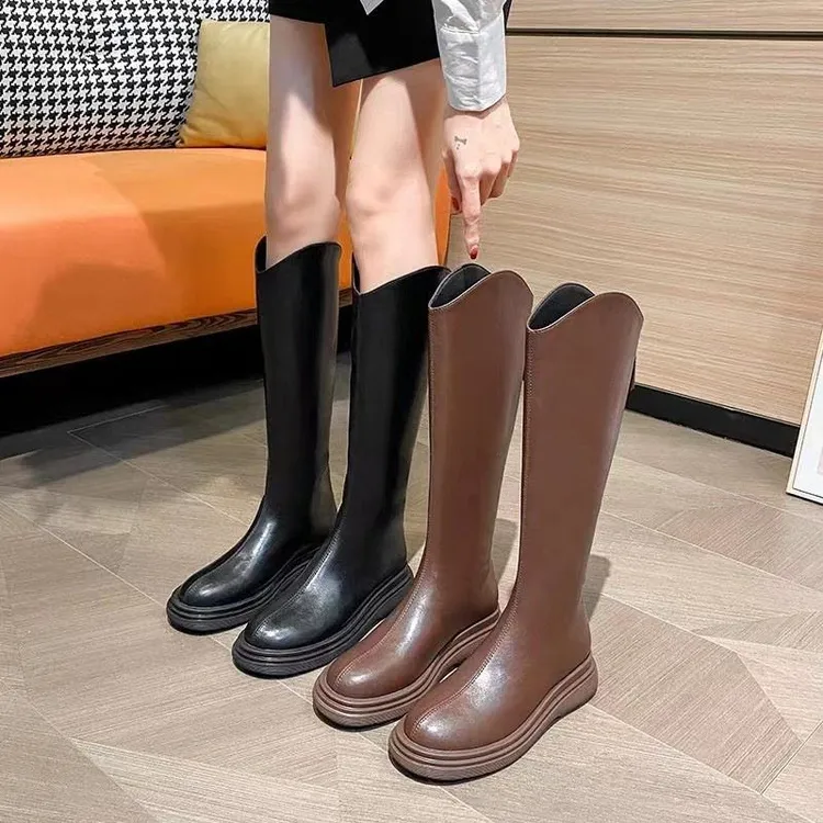 黑色长筒靴女2024新款厚底小个子不过膝骑士靴春秋显瘦气质高筒靴