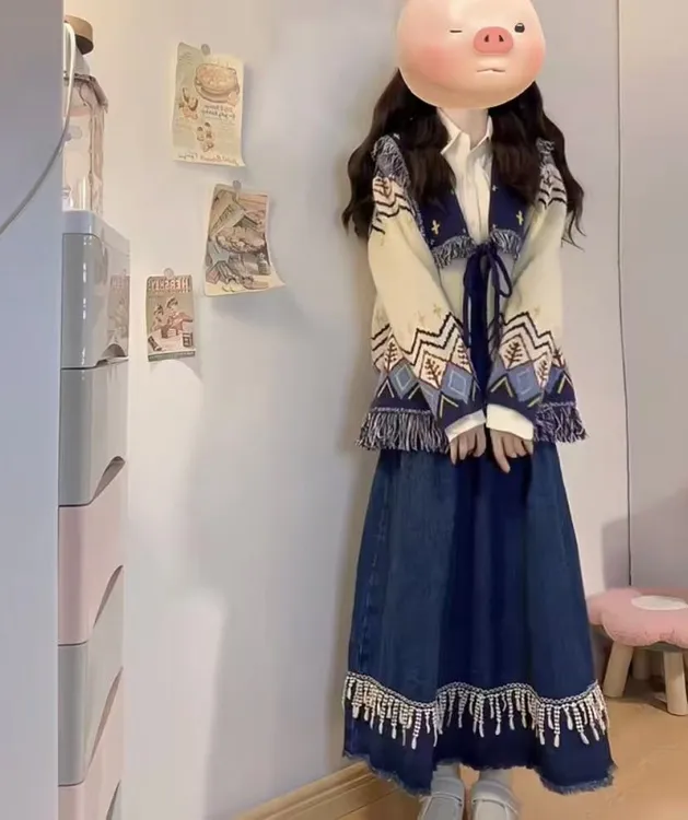 【薄荷雪糕】塞北风絮慵懒风女秋季内搭长袖衬衫a字宽松半身裙套装