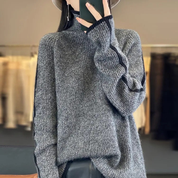 秋冬新款100%纯羊毛衫高领加厚毛衣宽松开衫羊毛衫女100%纯羊毛