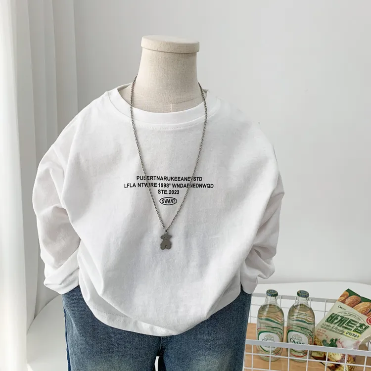 儿童春装长袖T恤韩版宽松休闲圆领纯色男女童打底衫上衣白色百搭