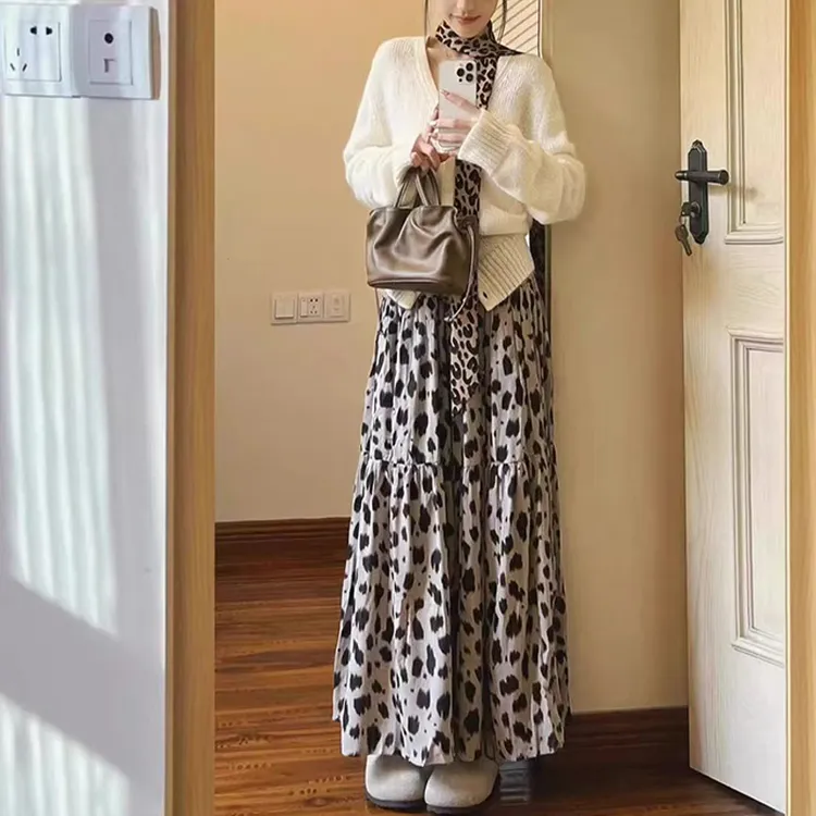 入秋搭配一整套大码百搭韩系穿搭针织衫豹纹半身裙轻熟漂亮套装女