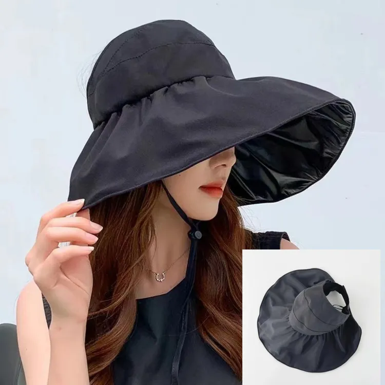黑胶渔夫帽夏季女户外逛街帽 空顶韩版时尚休闲帽子可折叠露马尾1