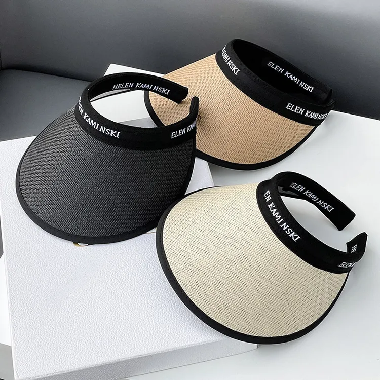 草编黑胶加强版防晒遮阳空顶帽百搭凉帽字母大帽檐太阳帽子夏季夏