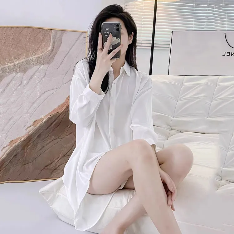 爆款男友风衬衫睡裙女夏季薄款冰丝性感衬衣裙白衬衫睡衣套装长袖