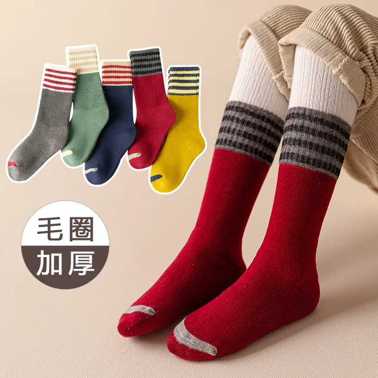 5双儿童袜子高筒秋冬季保暖毛圈袜纯色长筒袜涤棉3-6岁小腿袜