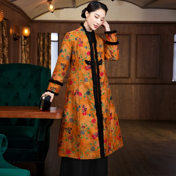 【花归】花罗香云纱夹棉大衣外套 水貂毛条+手工丝绒花扣W24856