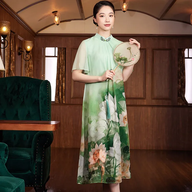 【采莲曲】桑蚕丝复古气质定位花优雅清凉中式国风女装连衣裙W23053