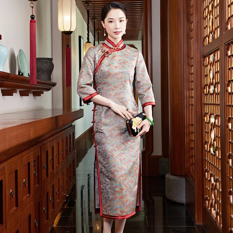 玺玥高端桑蚕丝宋锦春秋婚庆日常中长款气质长袖中国风旗袍W24771