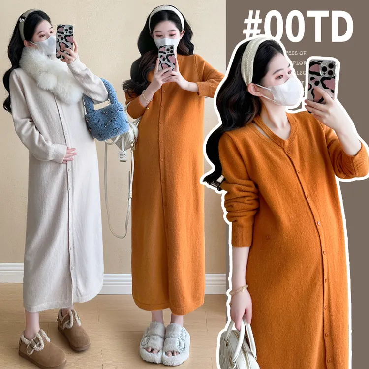 孕妇装毛衣2024新款设计感V领时尚秋冬装单排扣宽松针织连衣裙