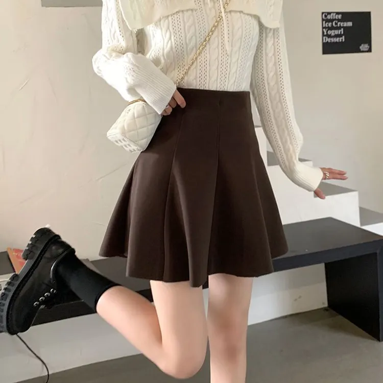毛呢半身裙女秋冬配毛衣小个子高腰a字百褶裙短裙2025新款伞裙