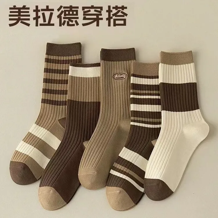【十双装】美拉德秋冬中筒袜百搭款条纹堆堆袜学院其它个护风长筒袜